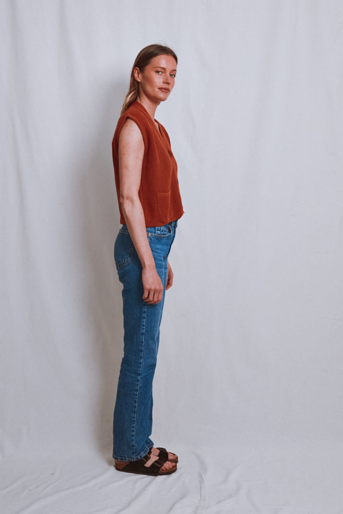 Item #539 - ELEONORE Sleeveless V-Neck Cardigan in Organic Cotton - Earth Red