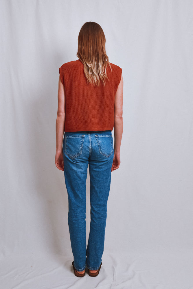 Item #539 - ELEONORE Sleeveless V-Neck Cardigan in Organic Cotton - Earth Red