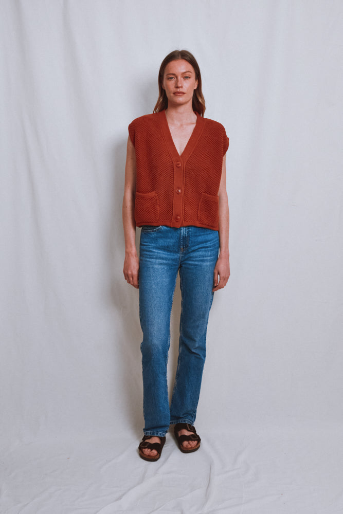 Item #539 - ELEONORE Sleeveless V-Neck Cardigan in Organic Cotton - Earth Red