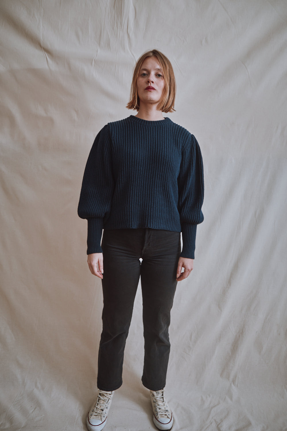 Item #355 - RAPHAELLE Puff-Sleeve Sweater in Cotton - Navy Blue