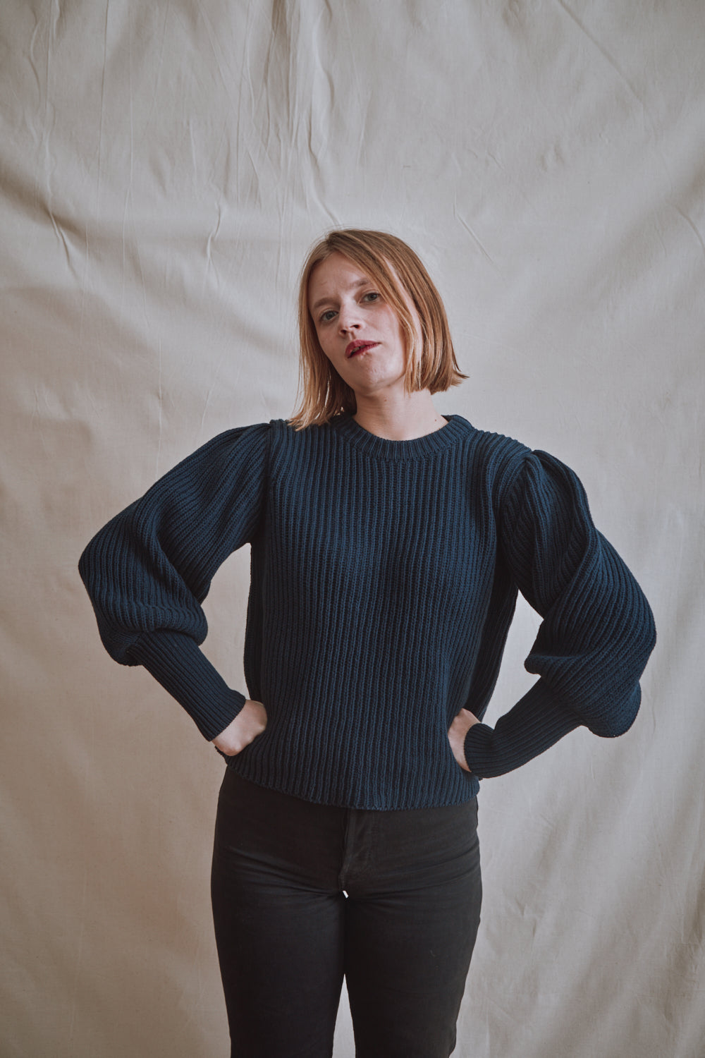 Item #355 - RAPHAELLE Puff-Sleeve Sweater in Cotton - Navy Blue