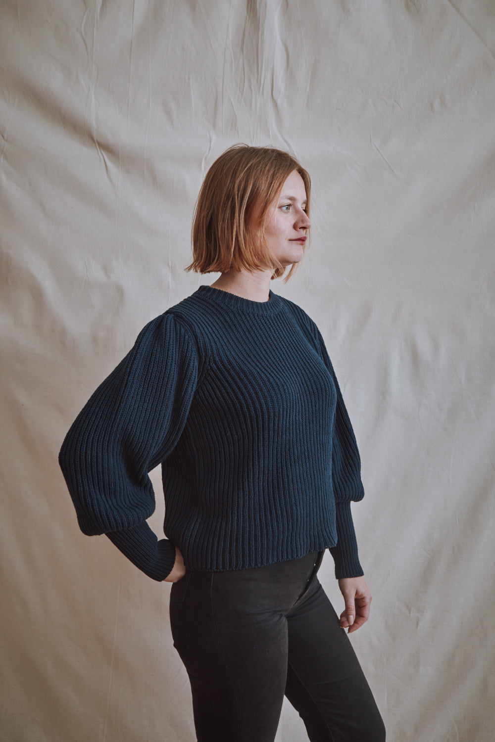 Item #355 - RAPHAELLE Puff-Sleeve Sweater in Cotton - Navy Blue