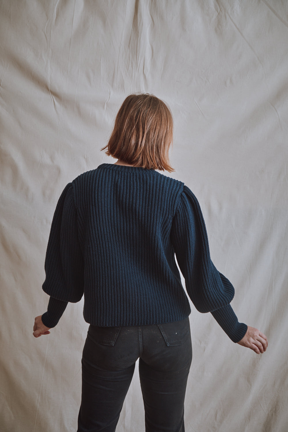 Item #355 - RAPHAELLE Puff-Sleeve Sweater in Cotton - Navy Blue