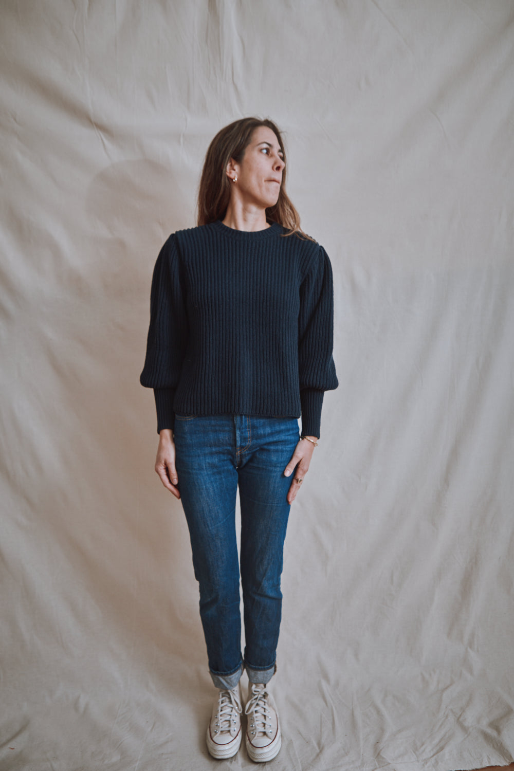 Item #356 - RAPHAELLE Puff-Sleeve Sweater in Cotton - Navy Blue