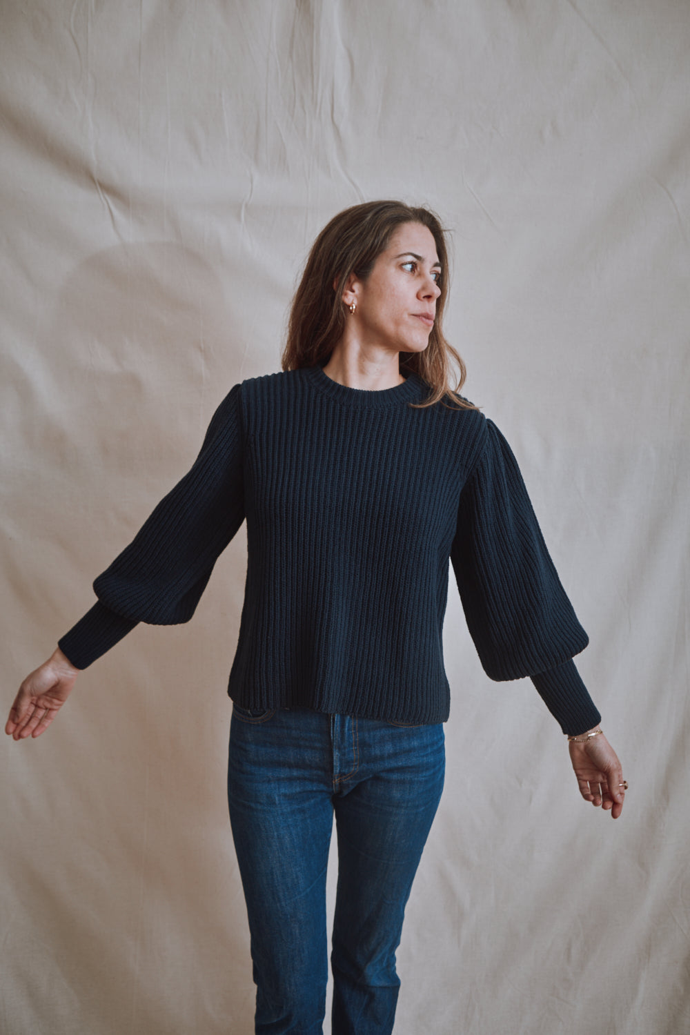 Item #356 - RAPHAELLE Puff-Sleeve Sweater in Cotton - Navy Blue