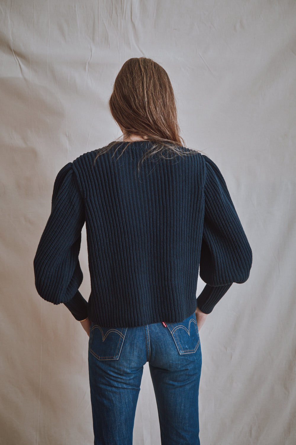 Item #356 - RAPHAELLE Puff-Sleeve Sweater in Cotton - Navy Blue