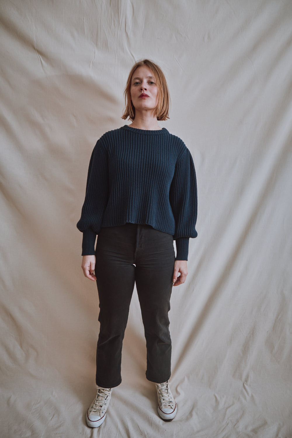 Item #357 - RAPHAELLE Puff-Sleeve Sweater in Cotton - Navy Blue