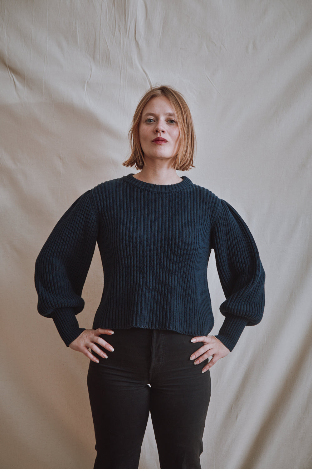 Item #357 - RAPHAELLE Puff-Sleeve Sweater in Cotton - Navy Blue