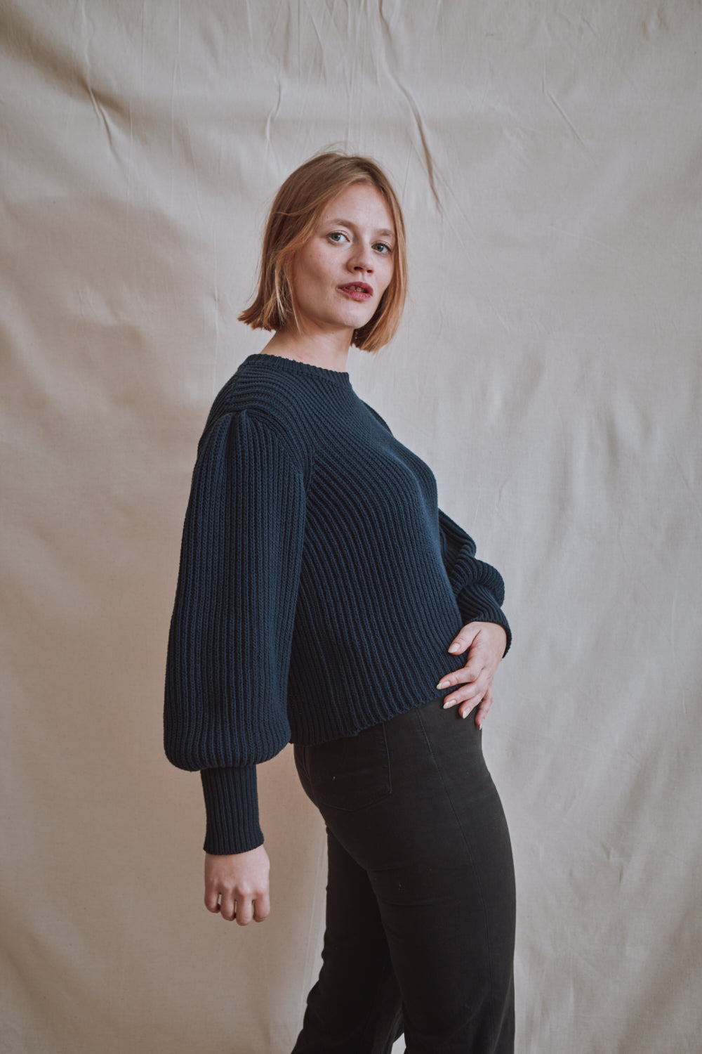 Item #357 - RAPHAELLE Puff-Sleeve Sweater in Cotton - Navy Blue