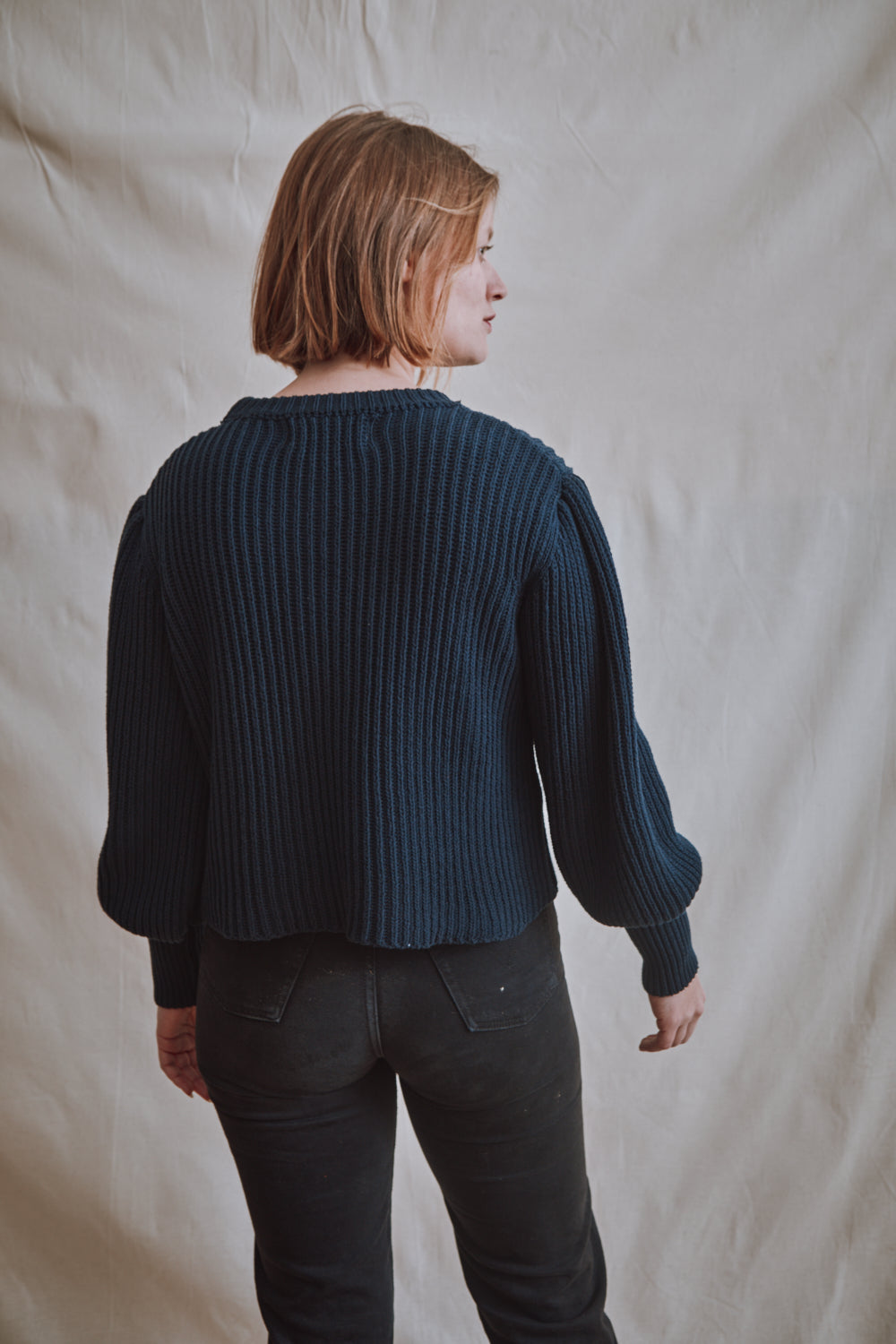 Item #357 - RAPHAELLE Puff-Sleeve Sweater in Cotton - Navy Blue