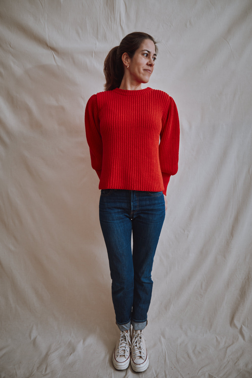 Item #360 - RAPHAELLE Puff-Sleeve Sweater in Cotton - Red