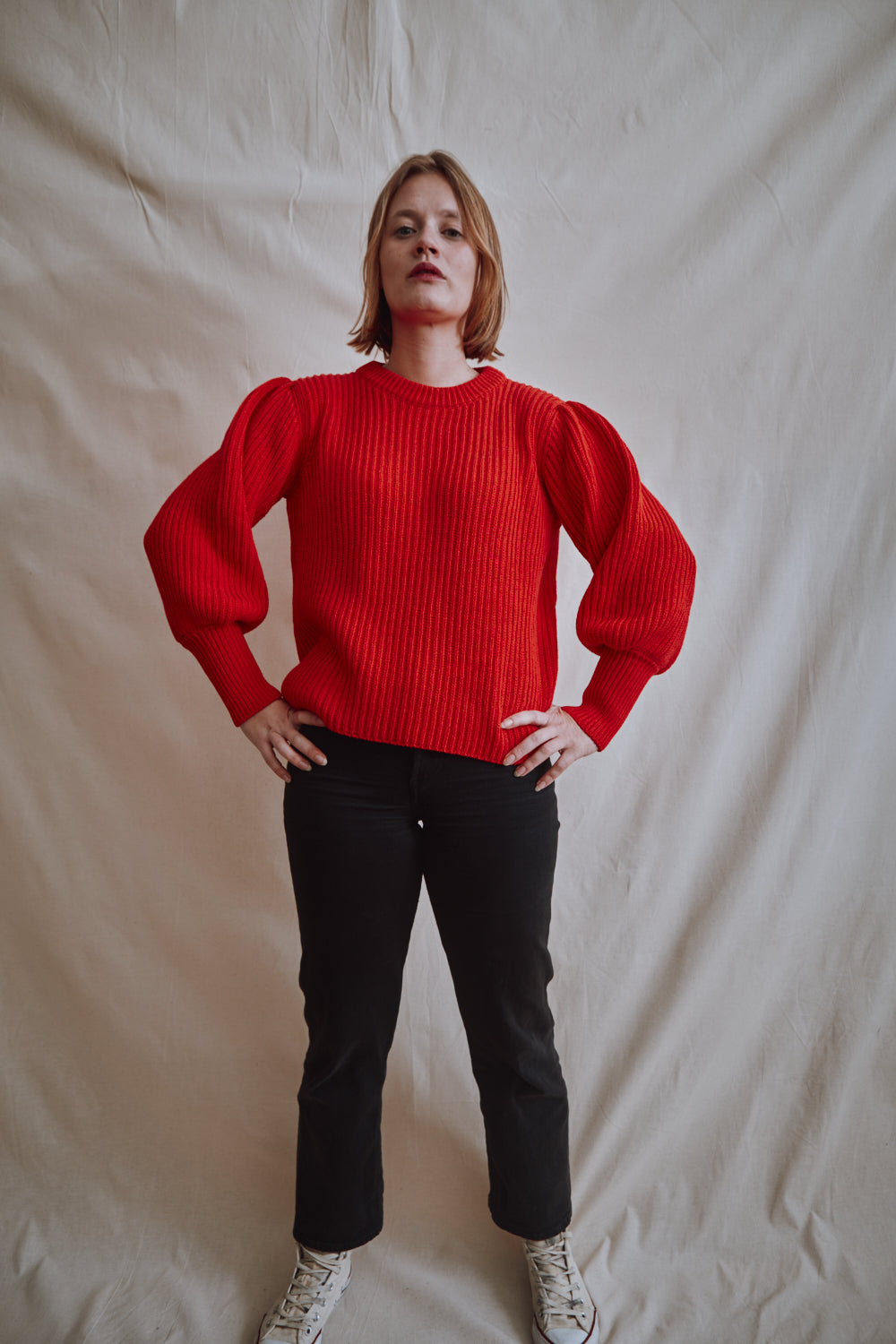 Item #361 - RAPHAELLE Puff-Sleeve Sweater in Cotton - Red
