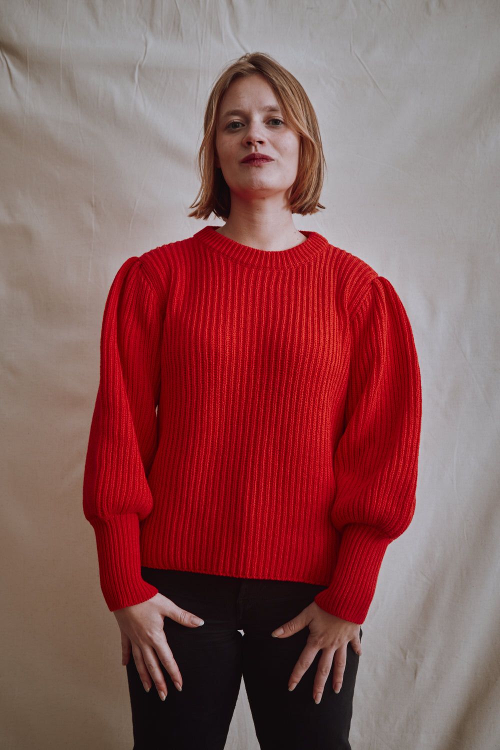 Item #361 - RAPHAELLE Puff-Sleeve Sweater in Cotton - Red