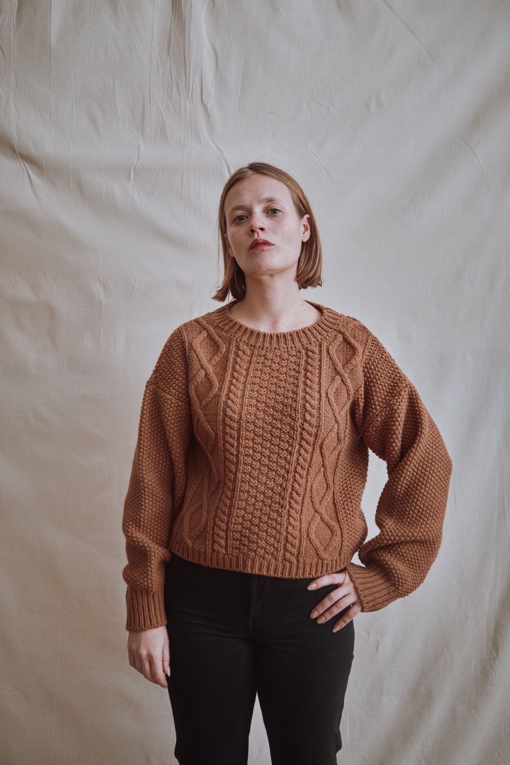 Item #372 - PAOLA Irish Cable Sweater in Merino Wool - Camel