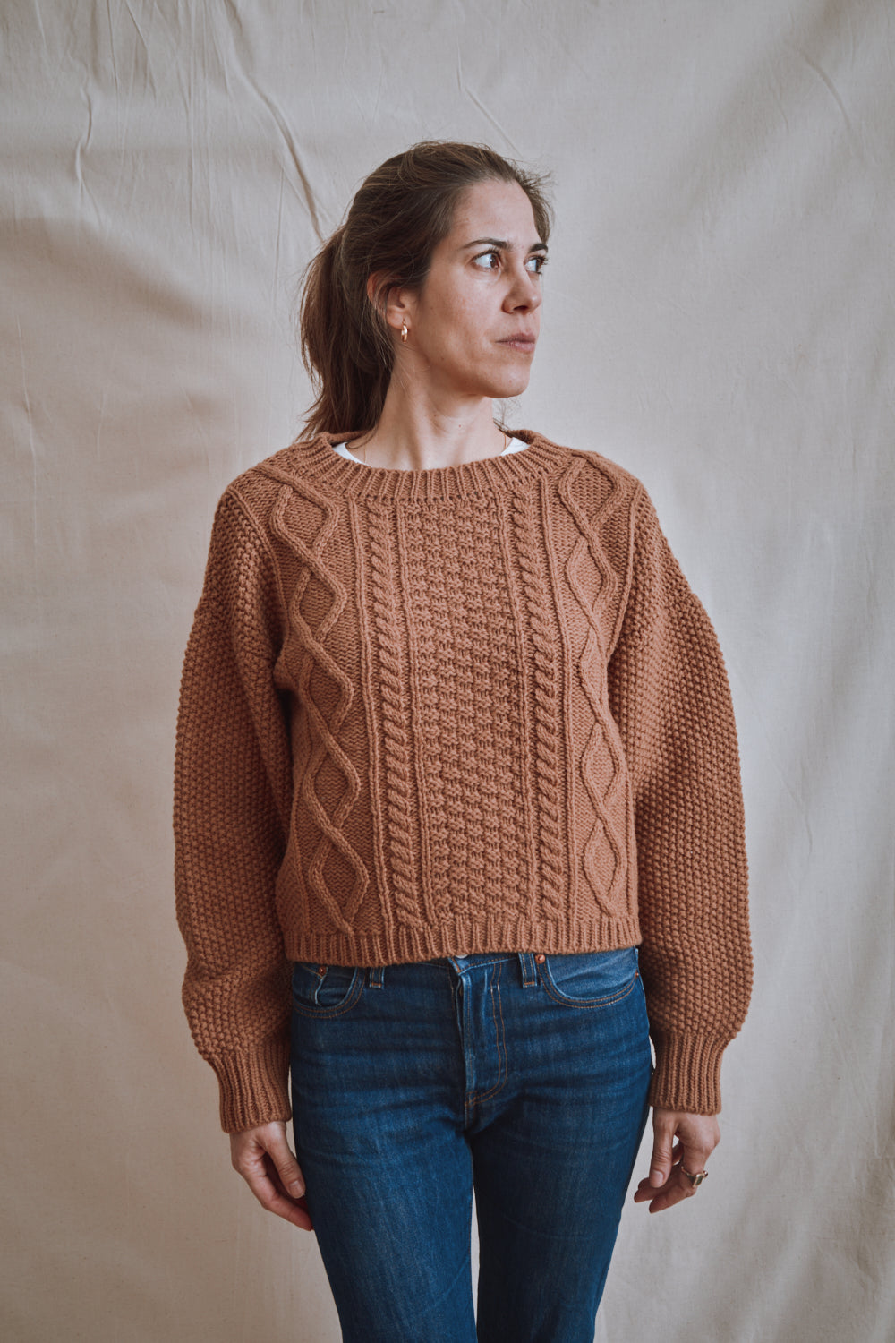Item #374 - PAOLA Irish Cable Sweater in Merino Wool - Camel