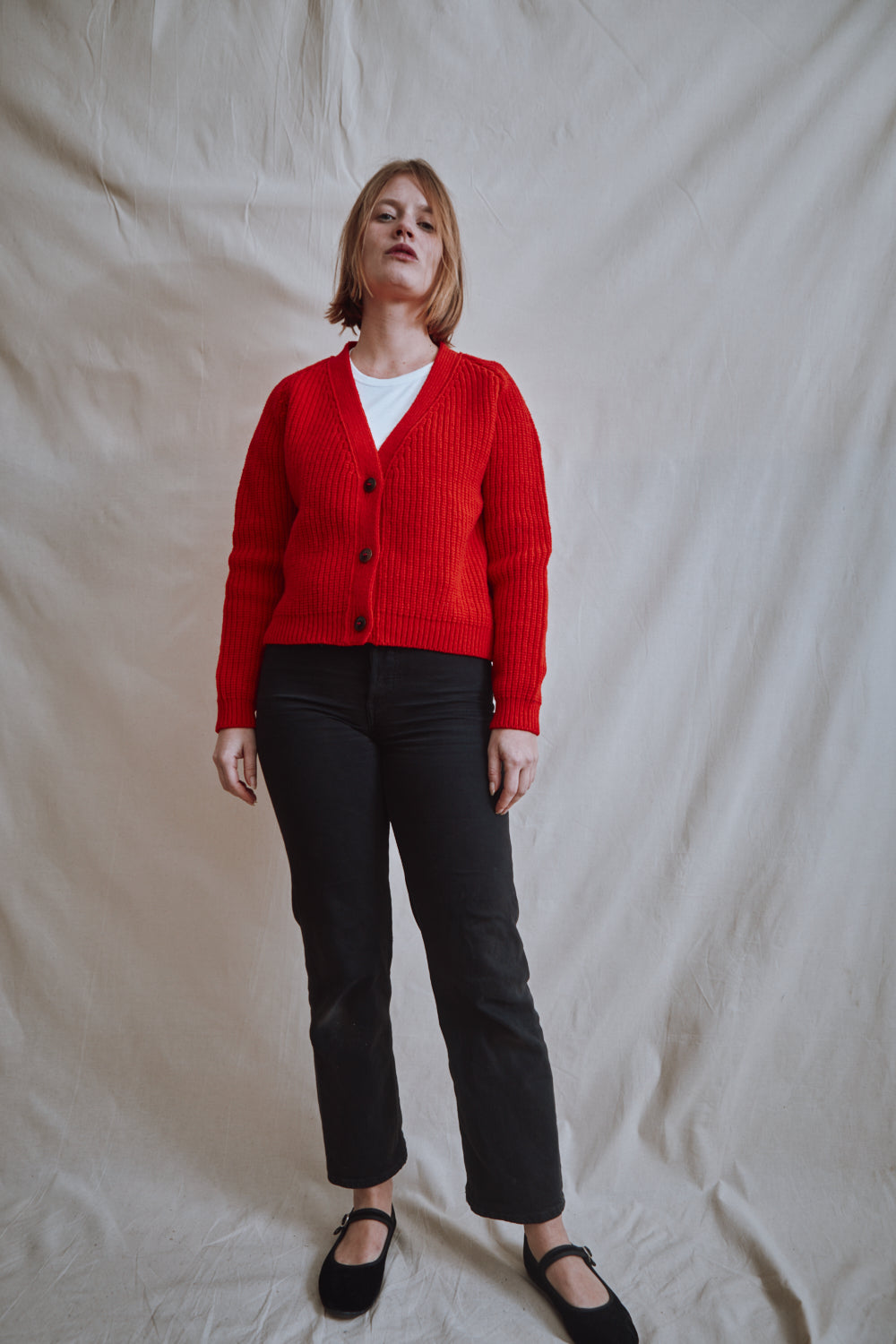 Item #445 - ANNA V-Neck Cardigan in Merino Wool - Red