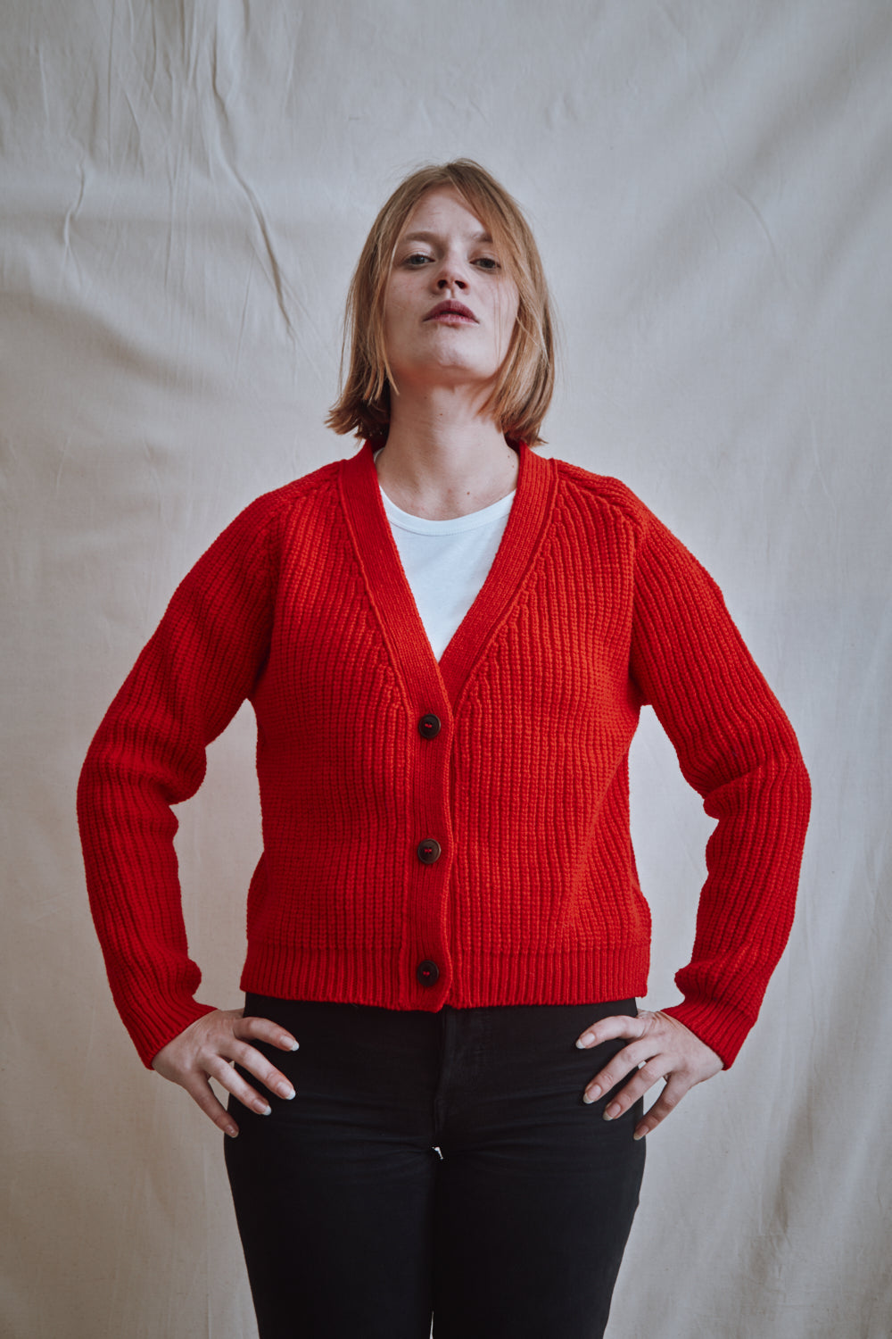 Item #445 - ANNA V-Neck Cardigan in Merino Wool - Red