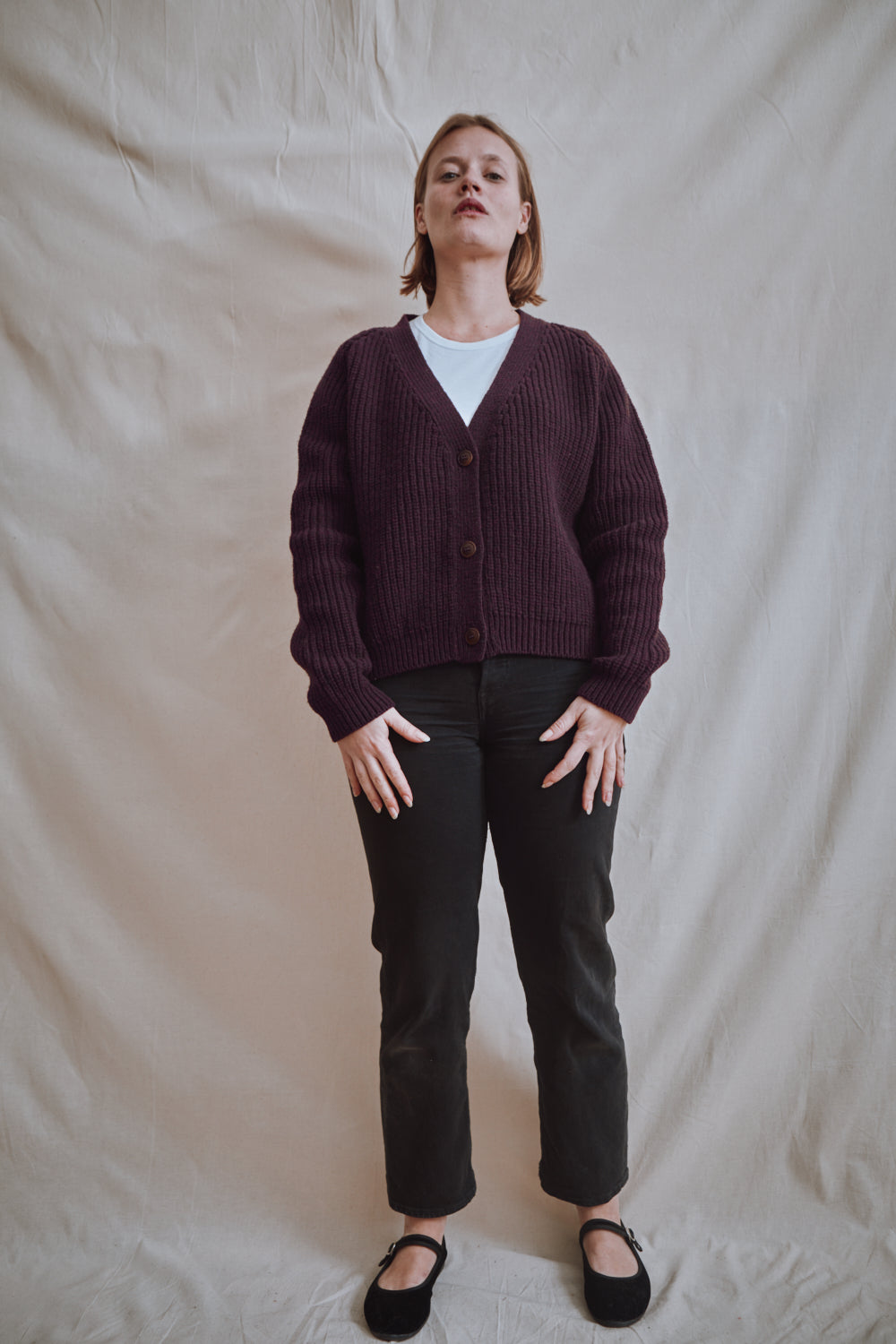 Item #446 - ANNA V-Neck Cardigan in Merino Wool - Plum