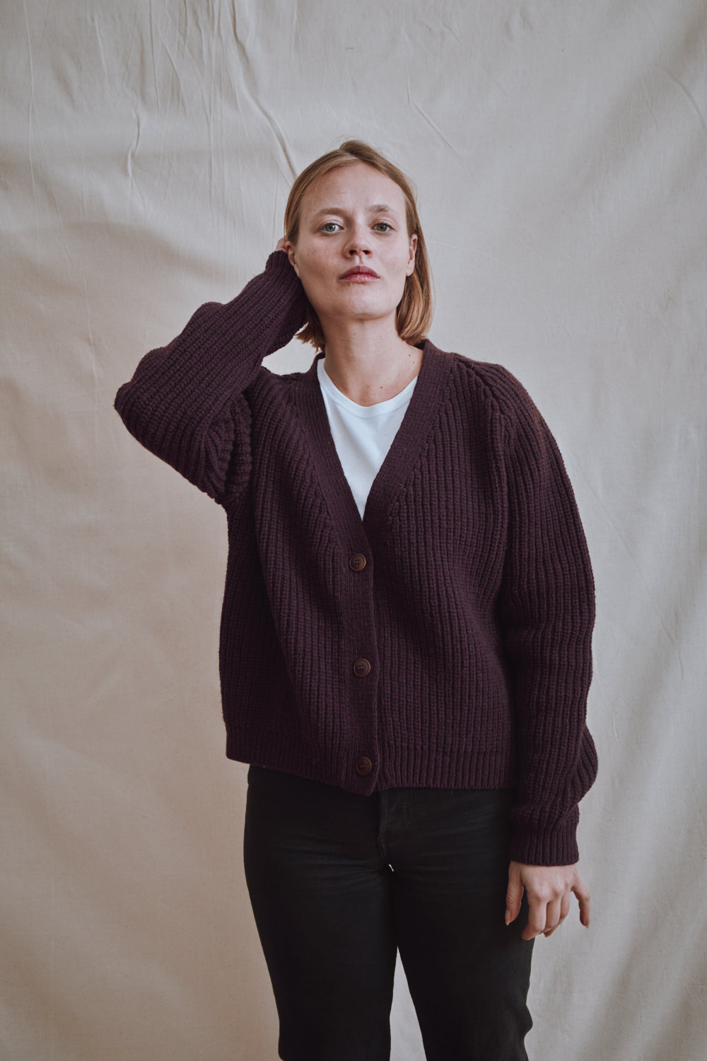 Item #446 - ANNA V-Neck Cardigan in Merino Wool - Plum