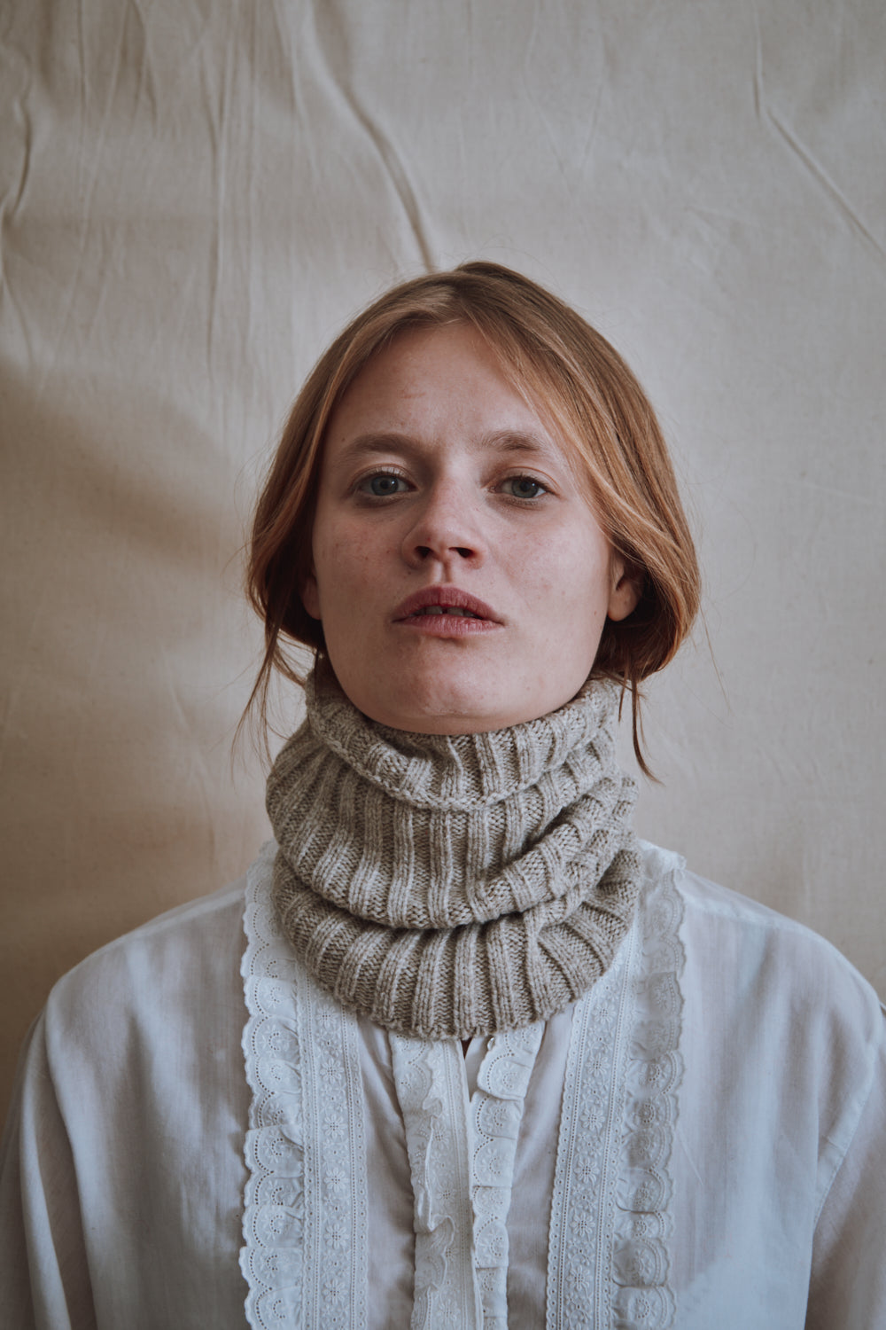 Item #403 - AMANDINE Neckwarmer Scarf in Merino Wool - Beige