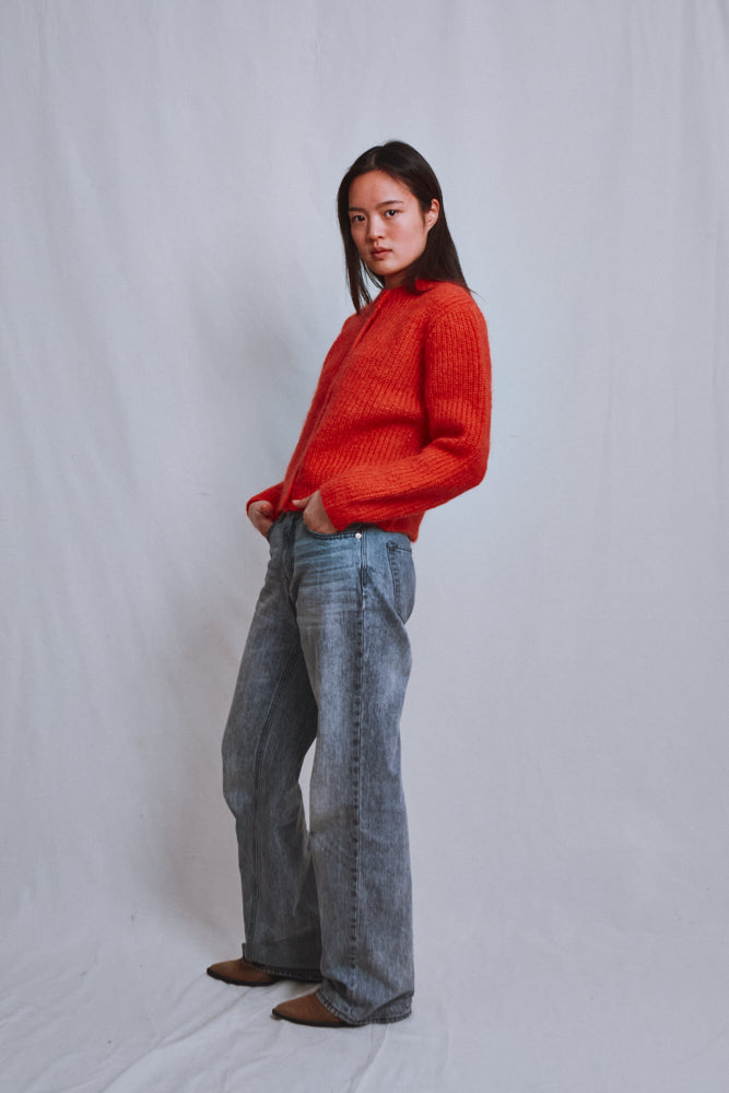 Référence n° 660 - Cardigan à col rond CHARLOTTE en laine mérinos et mohair - Corail