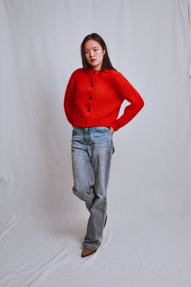 Référence n° 662 - Cardigan à col rond CHARLOTTE en laine mérinos et mohair - Rouge