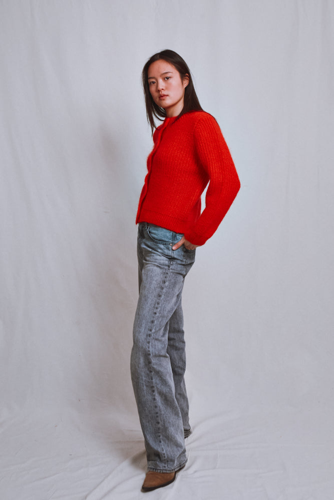 Référence n° 662 - Cardigan à col rond CHARLOTTE en laine mérinos et mohair - Rouge