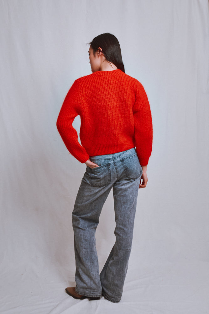 Référence n° 662 - Cardigan à col rond CHARLOTTE en laine mérinos et mohair - Rouge