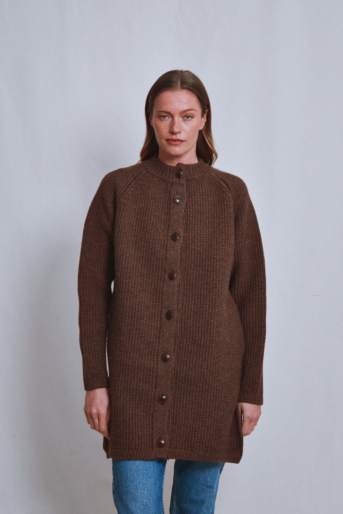 Référence n° 617 - Veste longue en maille AGATHE en laine mérinos - Chocolat
