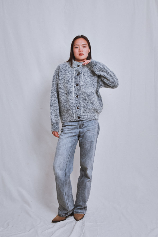 Référence n° 667 - Cardigan à col montant GEORGE en laine mérinos et mohair - Bleu chiné