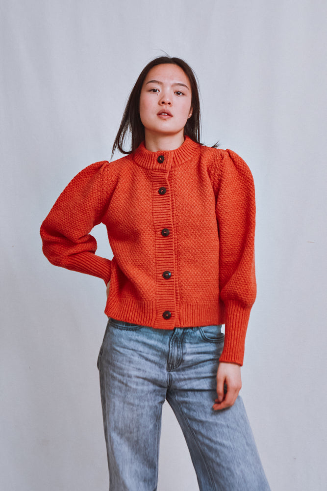 Item #689 - ANAIS Puff Sleeve Cardigan in Merino Wool - Coral