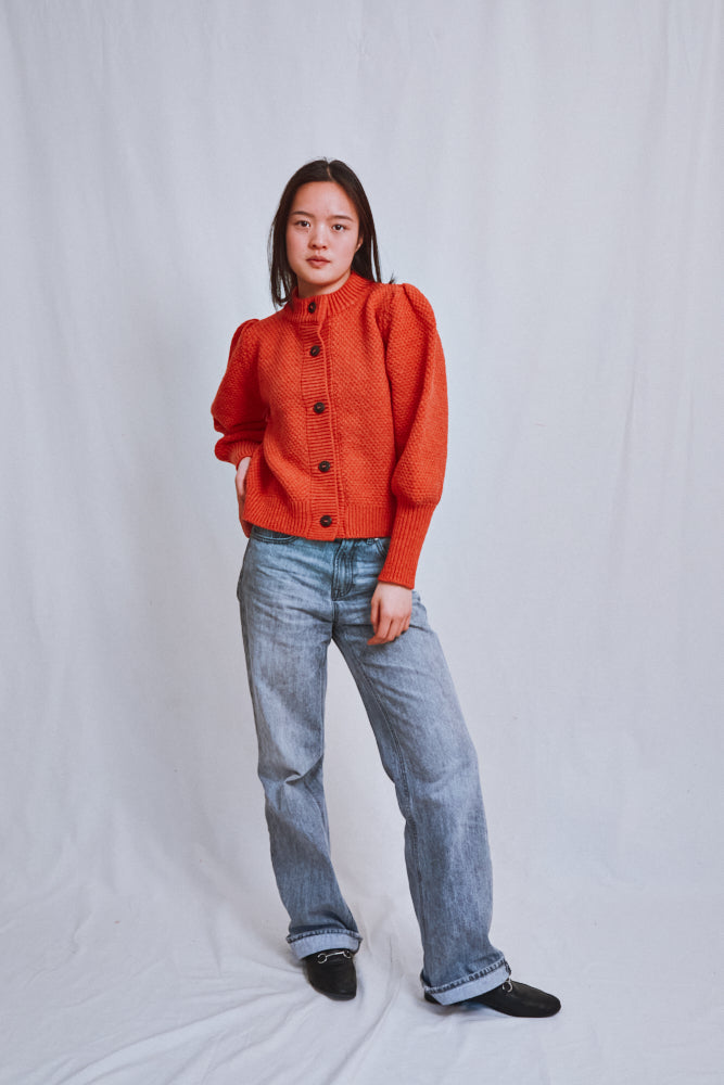 Item #689 - ANAIS Puff Sleeve Cardigan in Merino Wool - Coral