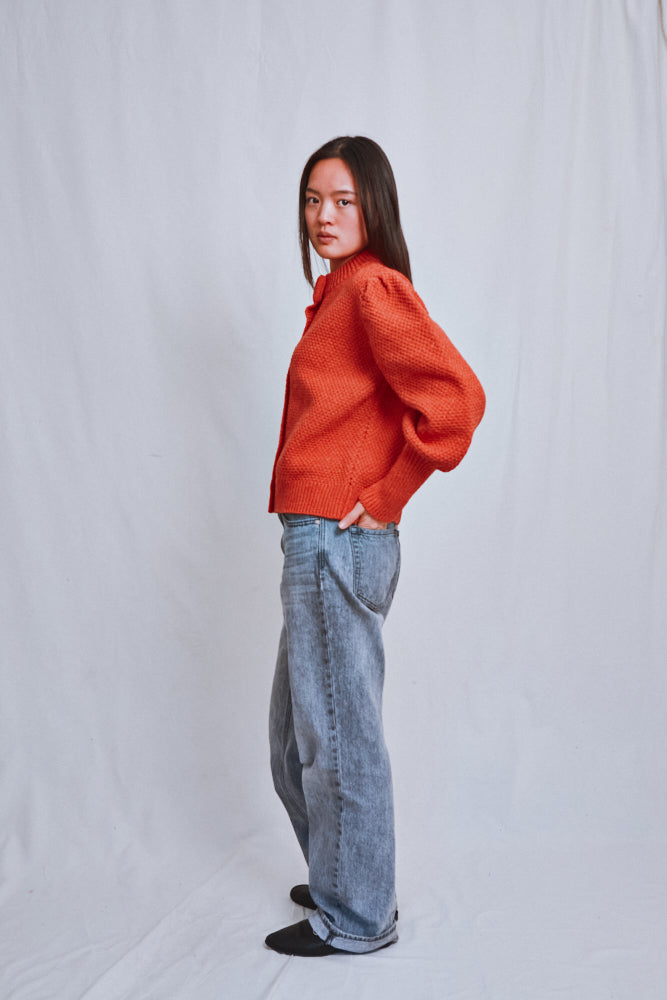 Item #690 - ANAIS Puff Sleeve Cardigan in Merino Wool - Coral