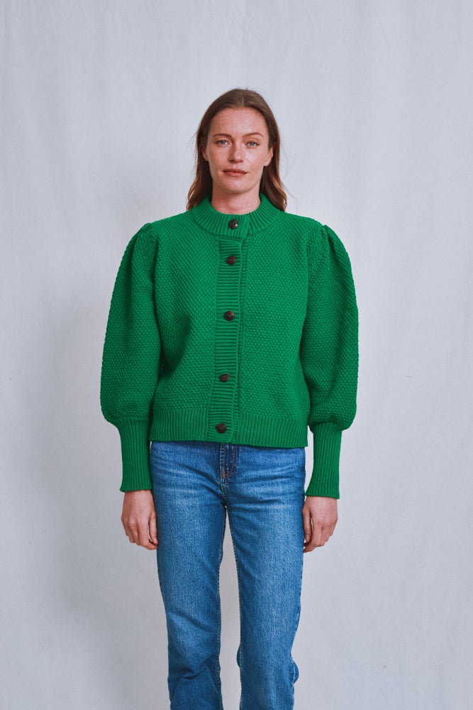Item #688 - ANAIS Puff Sleeve Cardigan in Merino Wool - Parrot Green