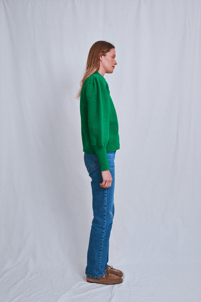 Item #688 - ANAIS Puff Sleeve Cardigan in Merino Wool - Parrot Green
