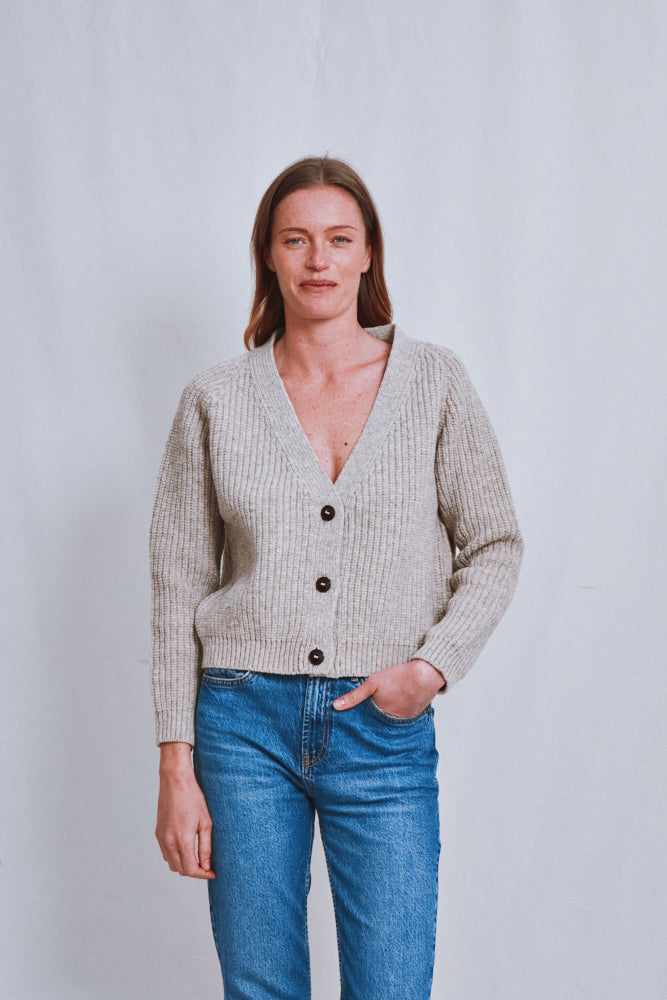 Item #619 - ANNA V-Neck Cardigan in Merino Wool - Beige