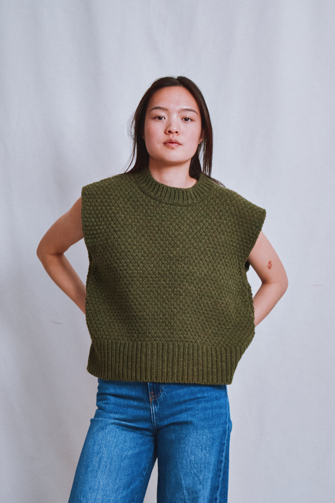 Item #603 - MAIA Sleeveless Sweater in Merino Wool - Olive green