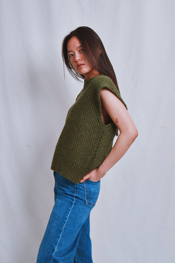 Item #603 - MAIA Sleeveless Sweater in Merino Wool - Olive green