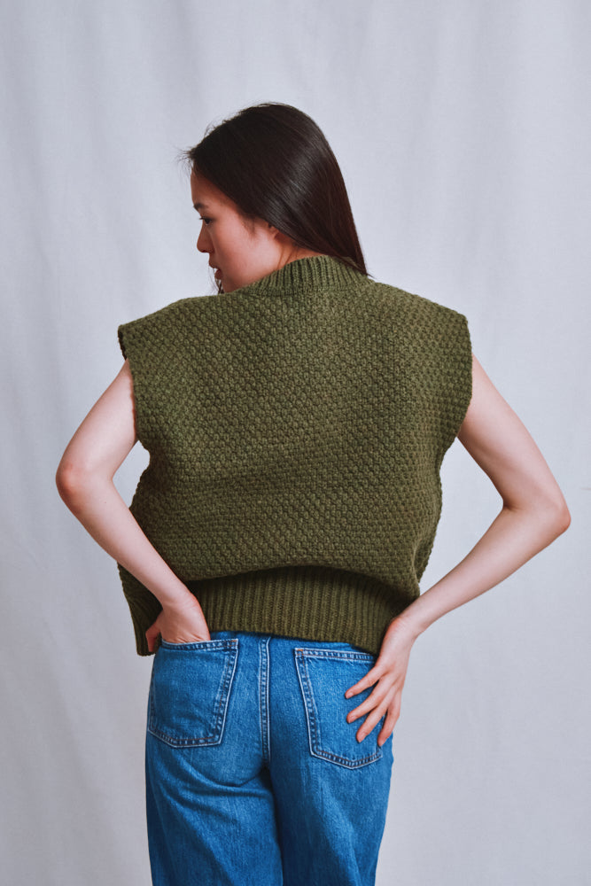 Item #603 - MAIA Sleeveless Sweater in Merino Wool - Olive green