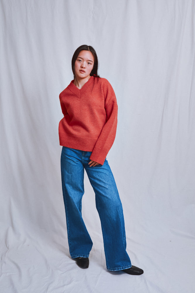Item #594 - LEONTINE V-Neck Sweater in Merino Wool - Coral