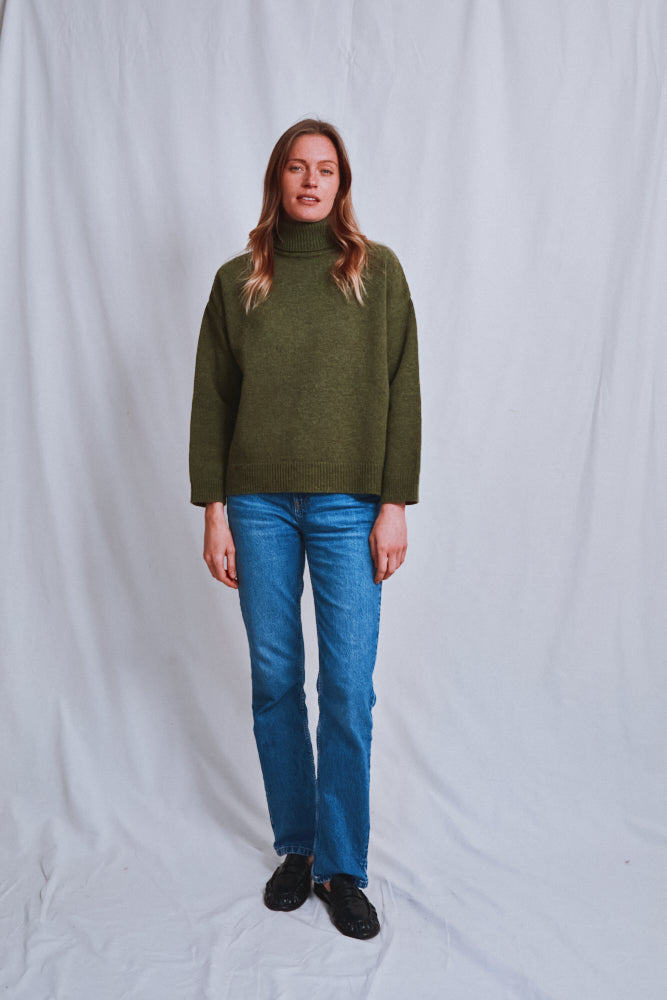 Item #590 - MICHELLE Lightweight Turtleneck Sweater in Merino Wool - Olive Green