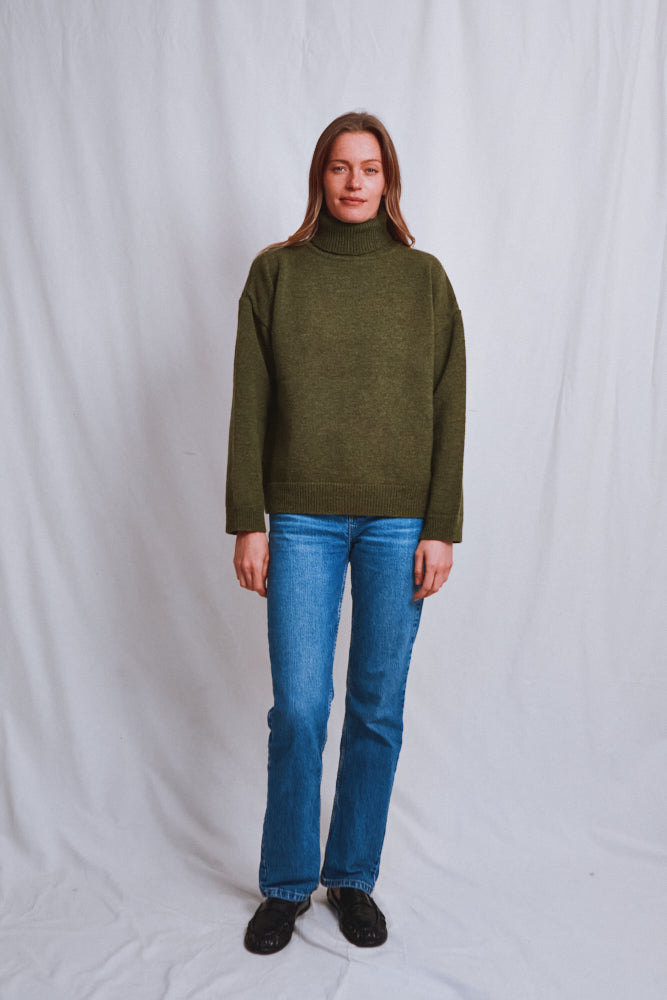 Item #588 - MICHELLE Lightweight Turtleneck Sweater in Merino Wool - Olive Green