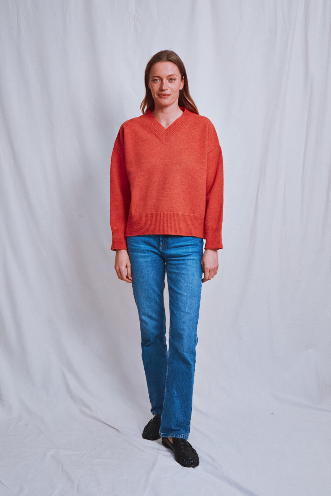 Item #611 - LEONTINE V-Neck Sweater in Merino Wool - Coral