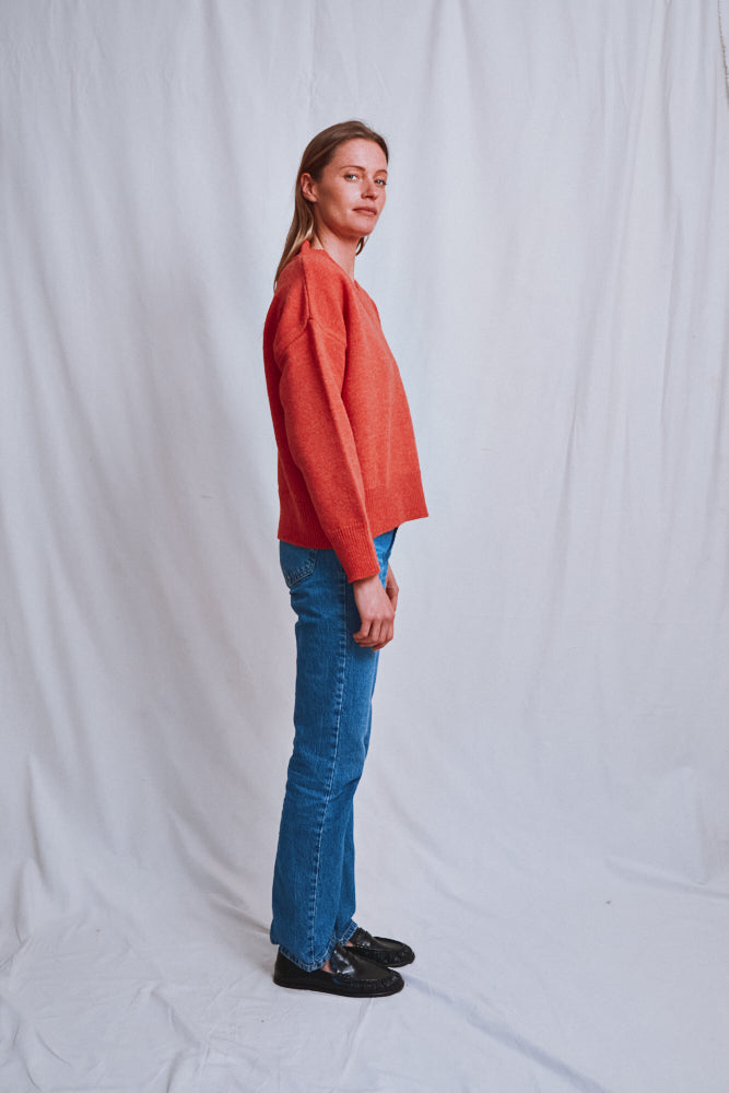 Item #611 - LEONTINE V-Neck Sweater in Merino Wool - Coral