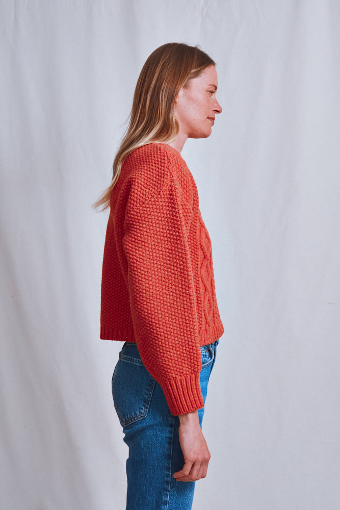 Item #610 - PAOLA Irish Cable Sweater in Merino Wool - Coral
