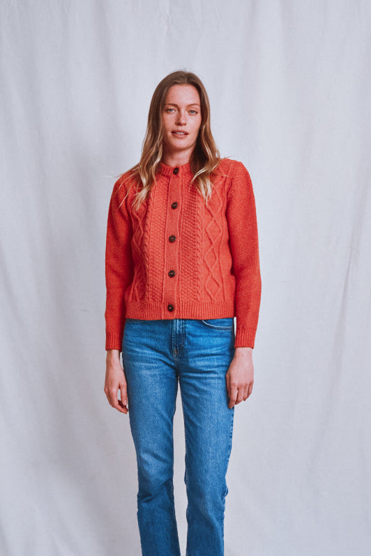 Item #693 - SONIA Cable Cardigan in Merino Wool - Coral