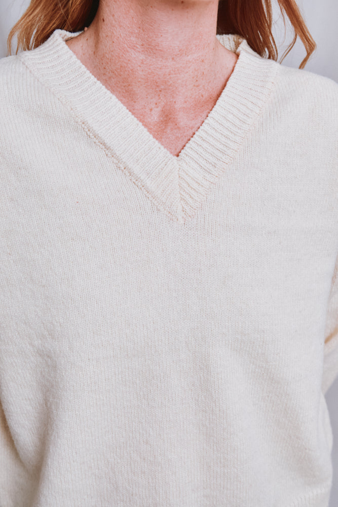 Item #650 - LEONTINE V-Neck Sweater in Merino Wool - Off-White