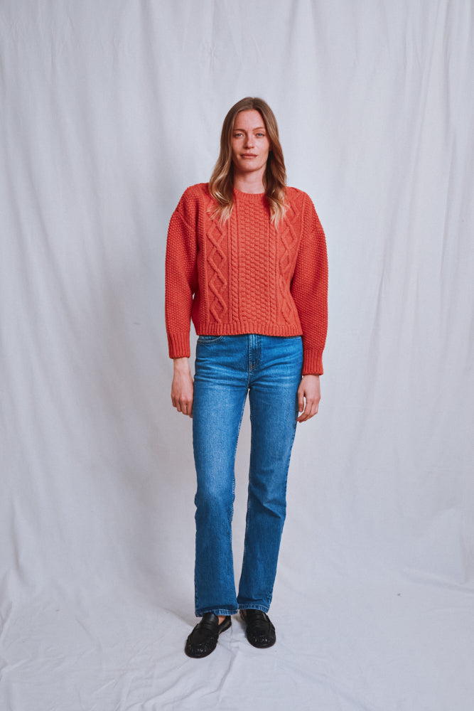 Item #609 - PAOLA Irish Cable Sweater in Merino Wool - Coral