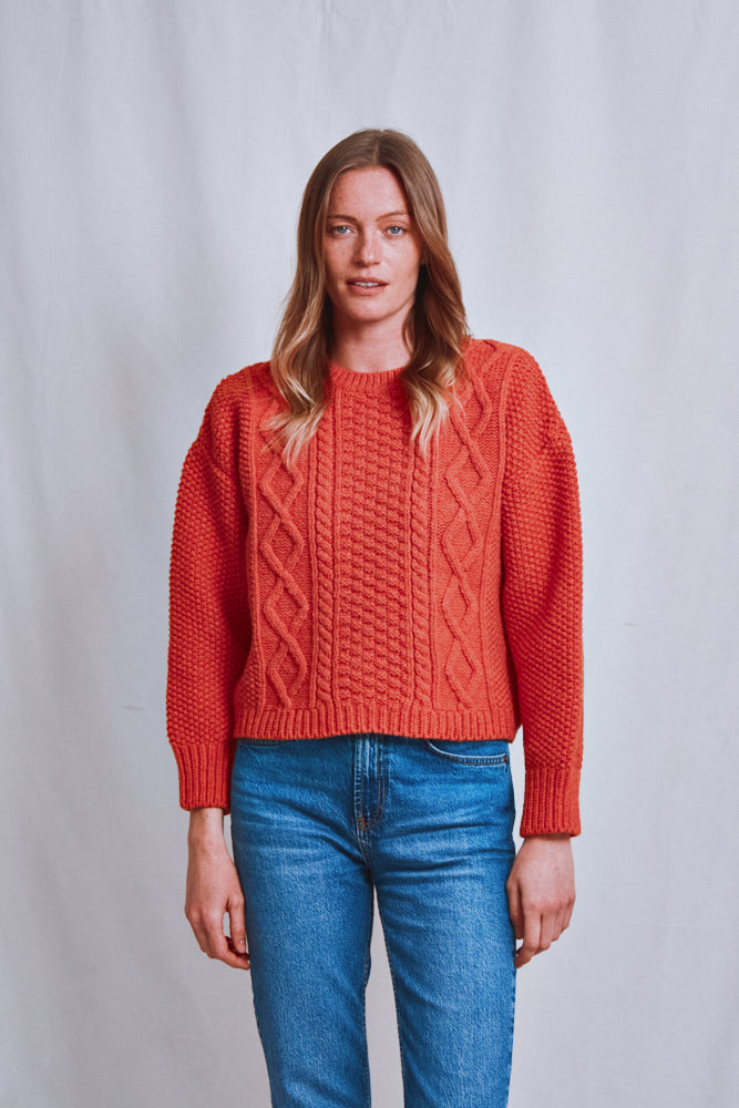Item #609 - PAOLA Irish Cable Sweater in Merino Wool - Coral