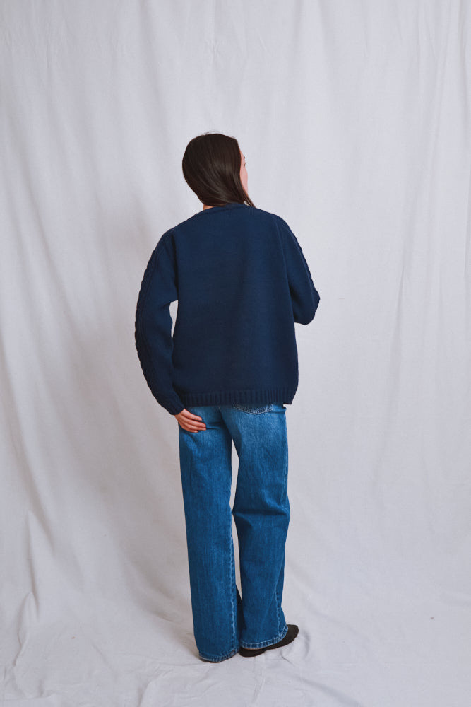Référence n° 571 - Pull irlandais unisexe JOSEPH en laine mérinos - Bleu marine